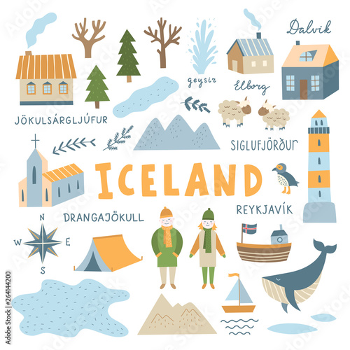 Iceland icons and illustrations set on white background. Travel destination symbols for Iceland with nature elements, people, architecture and animals