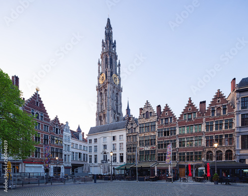Market square and Cathedral of Our Lady in Antwerpen, Belgium.