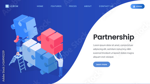 Partnership, teamwork isometric vector landing page