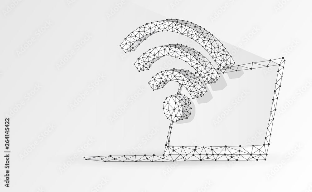 Obraz premium Laptop, wi-fi, notebook symbol. Devices, wireless connection, internet concept. Abstract, digital, wireframe, low poly mesh, raster origami 3d illustration. Triangles, lines, dots, stars. White bg
