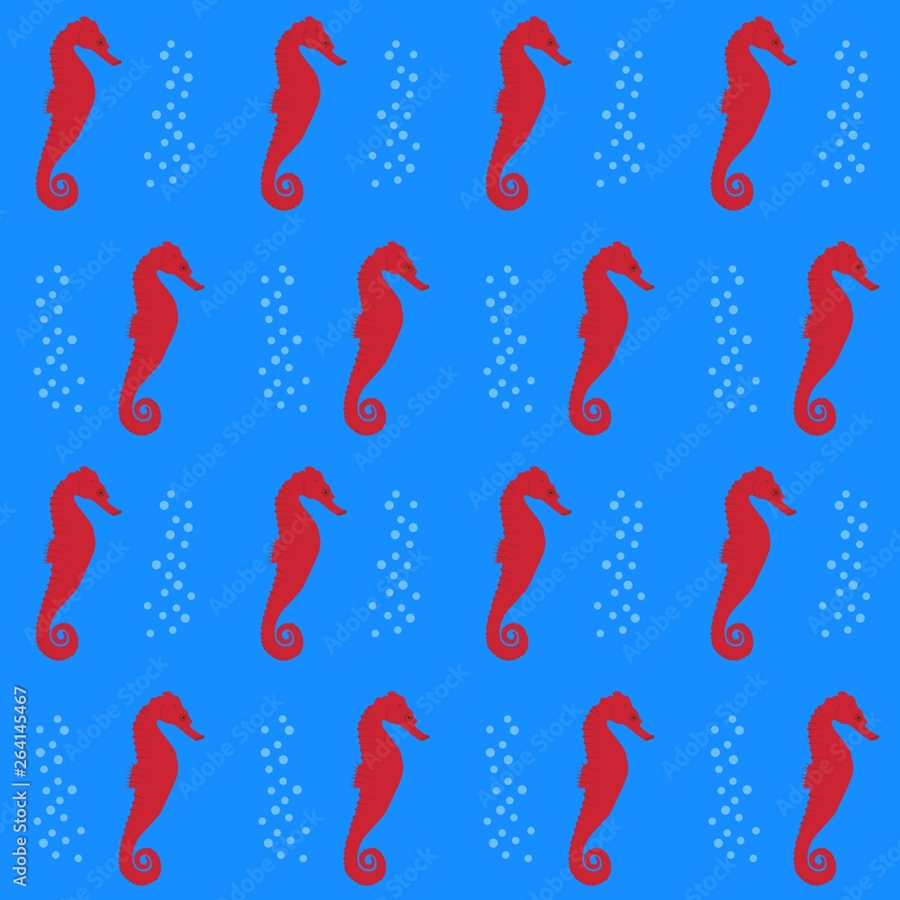 Seamless background on the marine theme with red seahorses on a blue background of water with bubbles vector illustration Seamless background on the marine theme with red seahorses on a blue background of water with bubbles vector illustration
