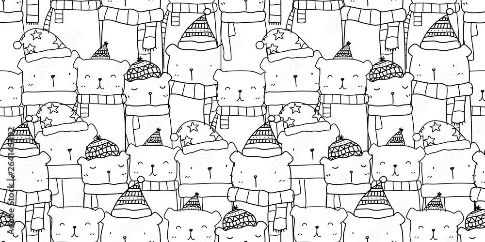 Obraz premium Pattern seamless with hand drawn cute bear family in black and white color. Kawaii bear background for kid fabric pattern, baby wallpaper, nursery, wrapping paper, scrapbook and packaging design