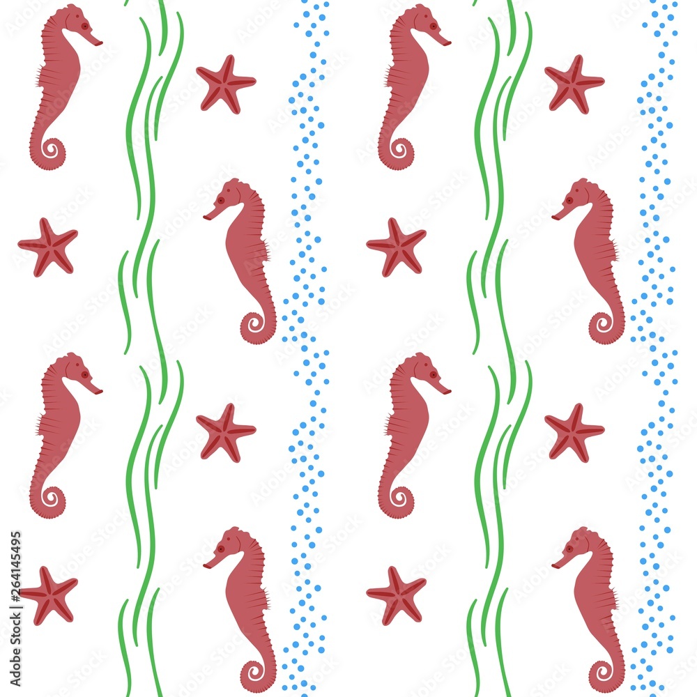 Seamless background on the marine theme with red seahorses and sea stars with bubbles and seaweeds vector illustration Seamless background on the marine theme with red seahorses and sea stars with bubbles and seaweeds vector illustration