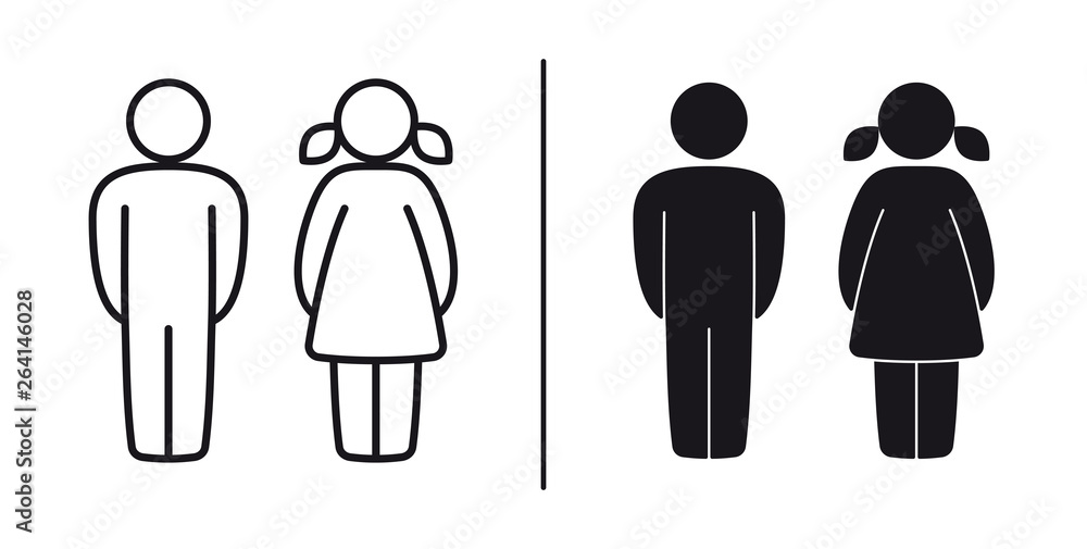 Vector figurines man and woman outline and black. WC - toilet figure. Isolated on white background. - obrazy, fototapety, plakaty 