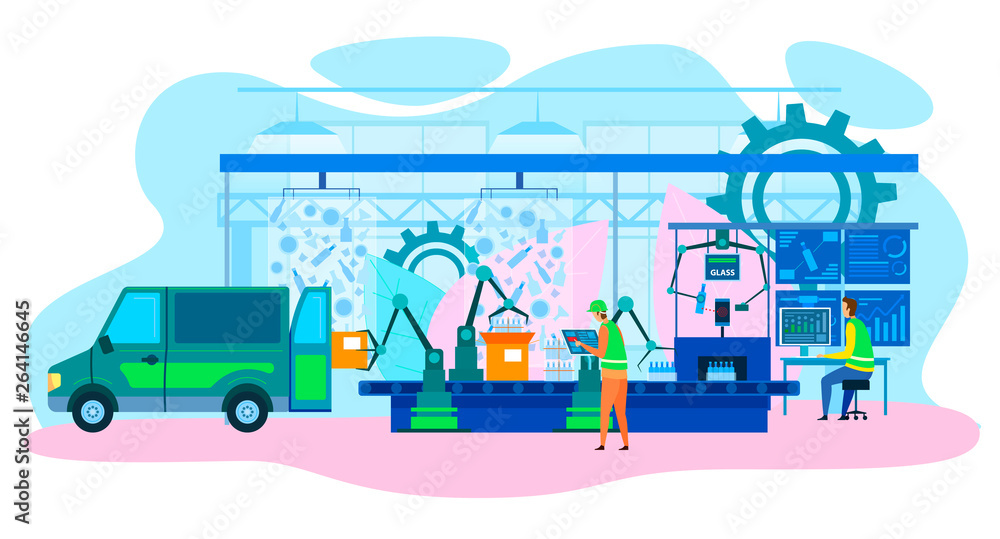 Naklejka premium Robotic Factory Production Line Futuristic Cartoon