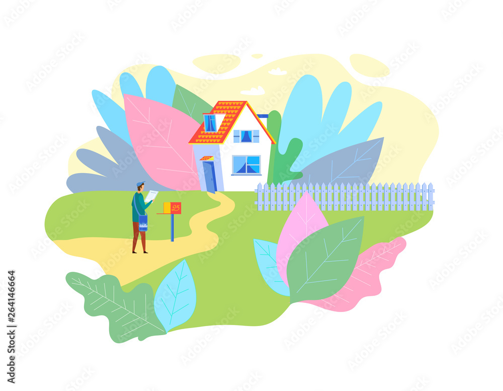 Fototapeta premium Postman Send Letter Mailbox Flat Service Cartoon
