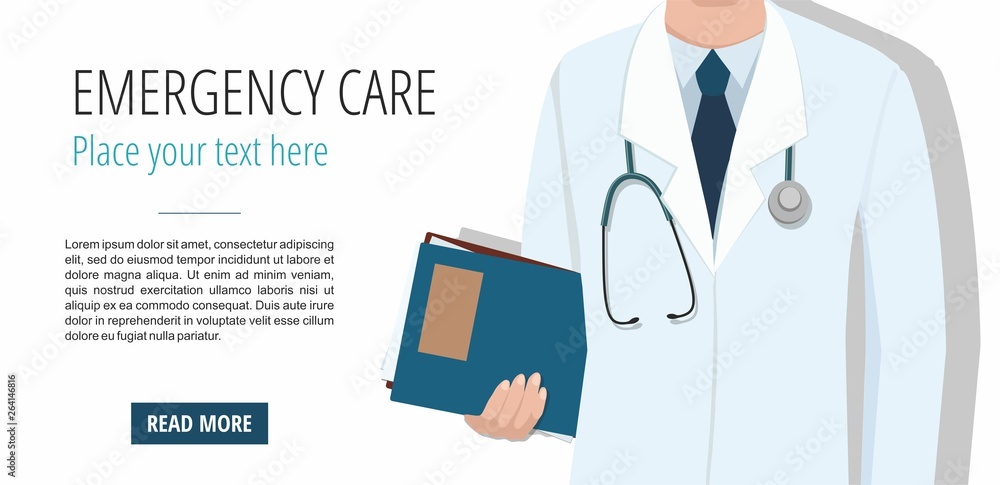 Male Doctor holding The Medical document on white. Vector Web banner Male Doctor holding The Medical document on white. Vector Web banner