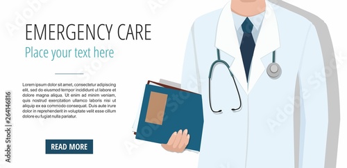 Male Doctor holding The Medical document on white. Vector Web banner
