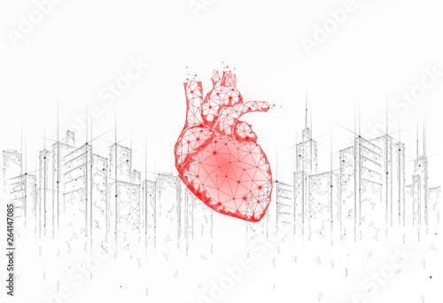 Low poly heart urban health day. Global cardiac awareness medicine banner cityscape city stress situation. Doctor online consultation vector illustration
