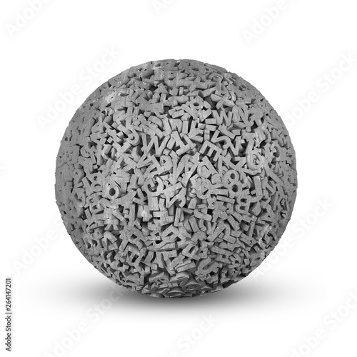 Big data concept. Huge amount 3d letters and numbers of concrete material ball, isolated on white background. 3D illustration.