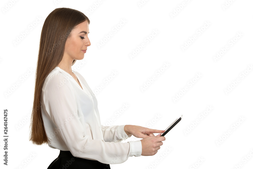 Beautiful woman with tablet PC isolated on white background Beautiful woman with tablet PC isolated on white background