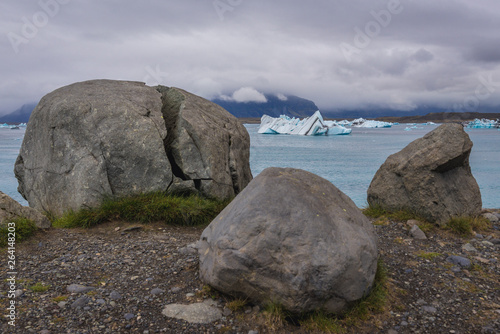 Large boulders on the shore of Jokulsarlon lake in Iceland