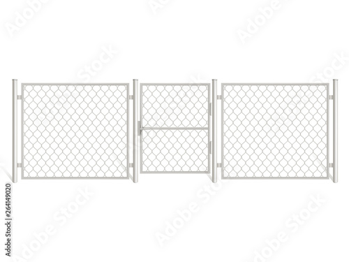 Wire fence isolated on white background. Three segments silver colored grid fencing with gate, perimeter protection barrier separated with metal steel poles, rabitz. Realistic 3d vector illustration.