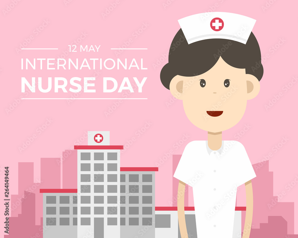 International nurse day banner with cute woman nurse and hospital on pink background vector design