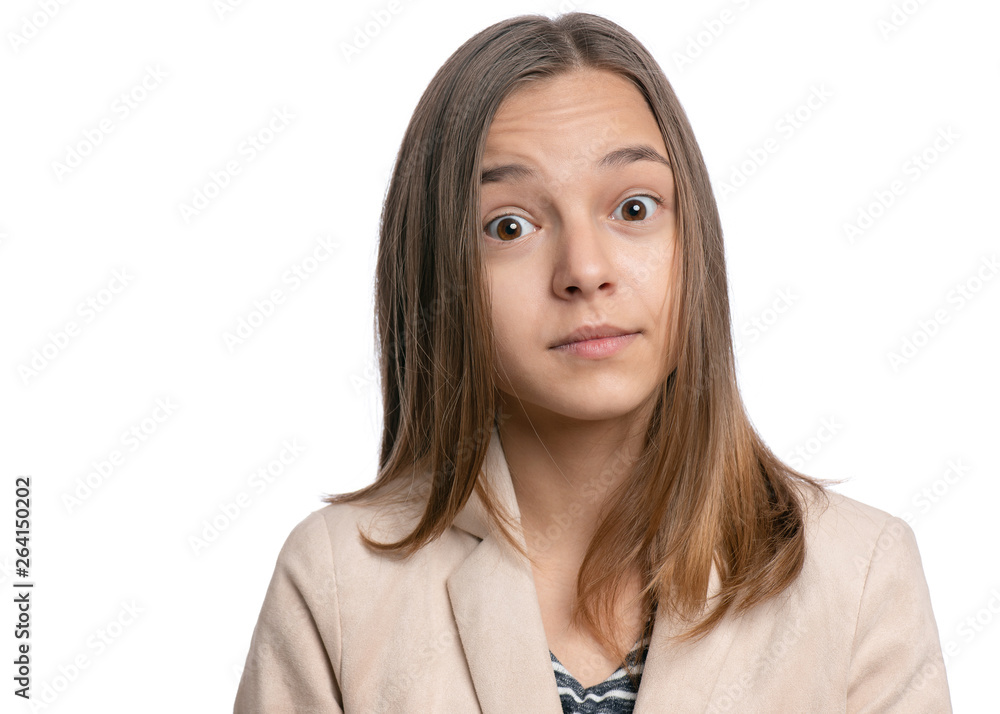Emotional portrait of beautiful caucasian surprised Teen Girl isolated on white background. Schoolgirl looking at camera and shocked. Amazed child - close-up portrait. Emotional portrait of beautiful caucasian surprised Teen Girl isolated on white background. Schoolgirl looking at camera and shocked. Amazed child - close-up portrait.