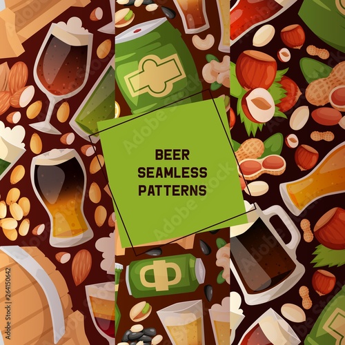 Beer in beerhouse brewery vector seamless pattern beermug beerbottle with nuts snack hazelnut backdrop set of dark ale beerbarrel in bar on beery party with alcoho lillustration background