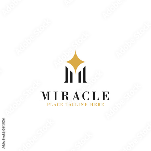 letter m initial with sparkle star illustration for miracle concept logo template vector design