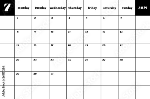 July. Calendar planner 2019. Vector