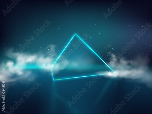 Blue laser pyramid or prism on reflective surface and starry background with smoke or fog 3d realistic vector. Futuristic light effect, design element illustration. Concert stage, nightclub lightning