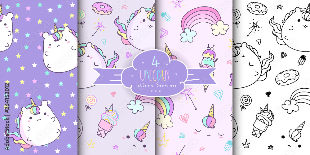 Set of cute hand drawn unicorn seamless pattern. Horizontal kawaii ...