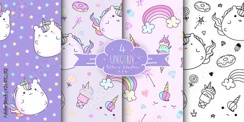 Set of cute hand drawn unicorn seamless pattern. Horizontal kawaii unicorn background for kid. Baby pattern collection. 