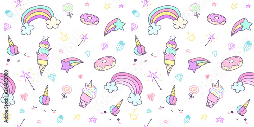 Pattern seamless with hand drawn doodle unicorn in pastel color. Kawaii unicorn background for kid