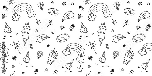 Cute hand drawn doodle pattern seamless in black and white color. Kawaii unicorn background for kid