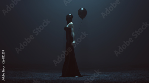 Futuristic Demon Woman With a Black Balloon In a Futuristic Haute Couture Dress and face Mask Abstract Demon Assassin Left View 3d illustration 3d render 