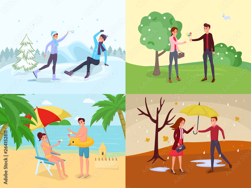 Seasonal outdoor activities flat illustrations set
