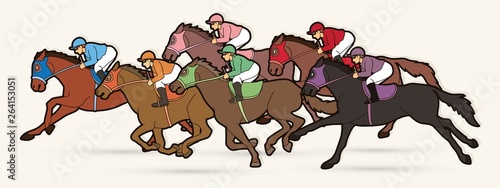 Fotografia Group of Jockeys riding horse, sport competition cartoon sport graphic vector