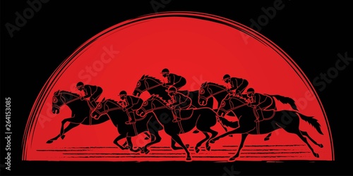 Group of Jockeys riding horse, sport competition cartoon sport graphic vector