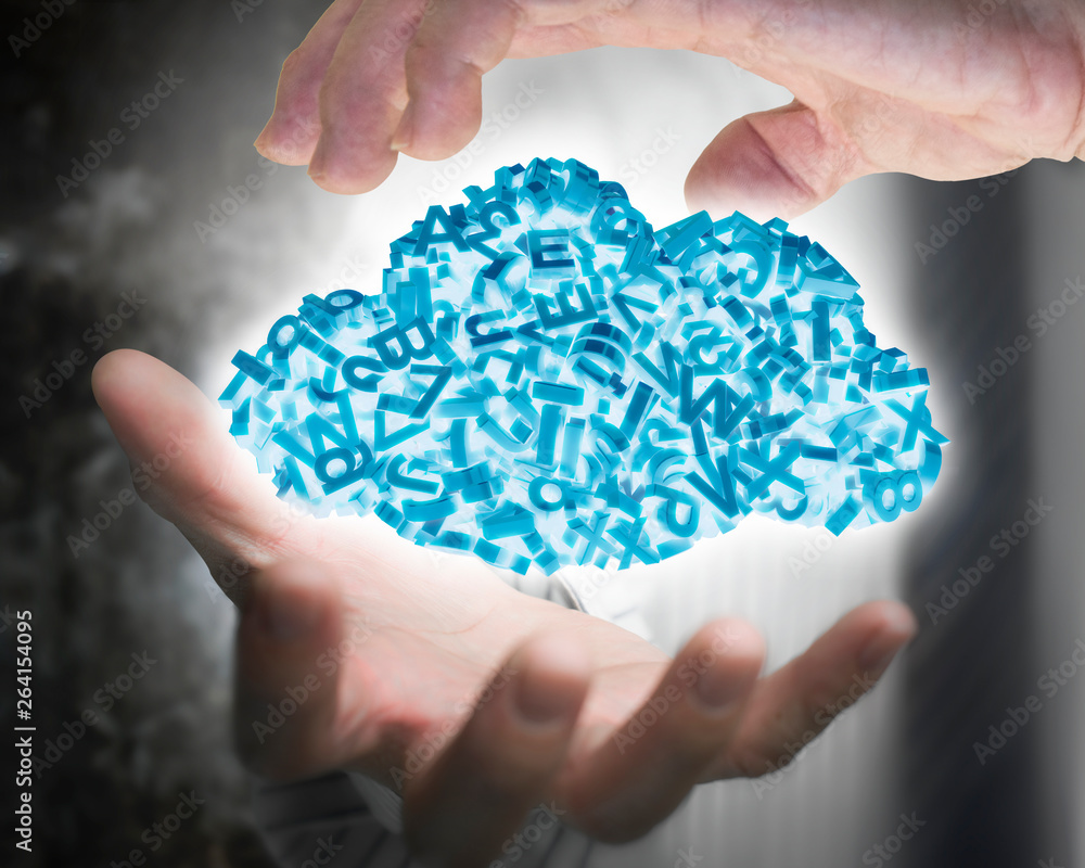 Big data and cloud computing concept. Businessman hands holding blue cloud of 3d letters and numbers, self-illuminated. Big data and cloud computing concept. Businessman hands holding blue cloud of 3d letters and numbers, self-illuminated.