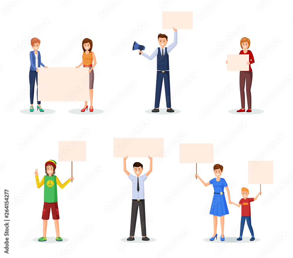 Activists with empty placards flat illustrations Activists with empty placards flat illustrations