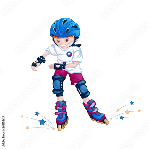 Boy teenager roller-skating in a helmet, elbow pads and knee pads. Sports cartoon childish character.