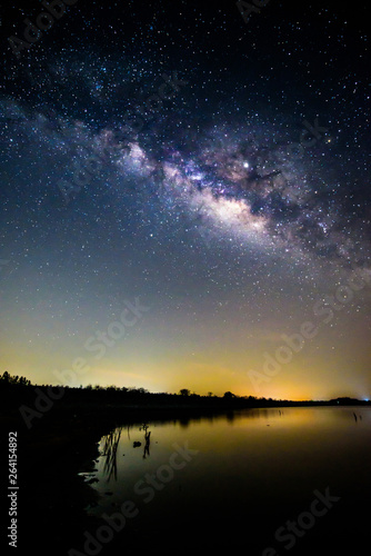 milky way at the lake with reflections in night time