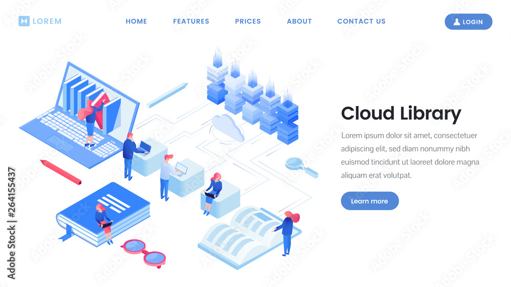 Cloud library service landing page isometric template Cloud library service landing page isometric template