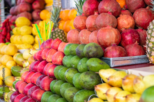Fresh fruits to be used for juice on a stand in Jemaa El Fnaa square in Marrakesh, Morocco