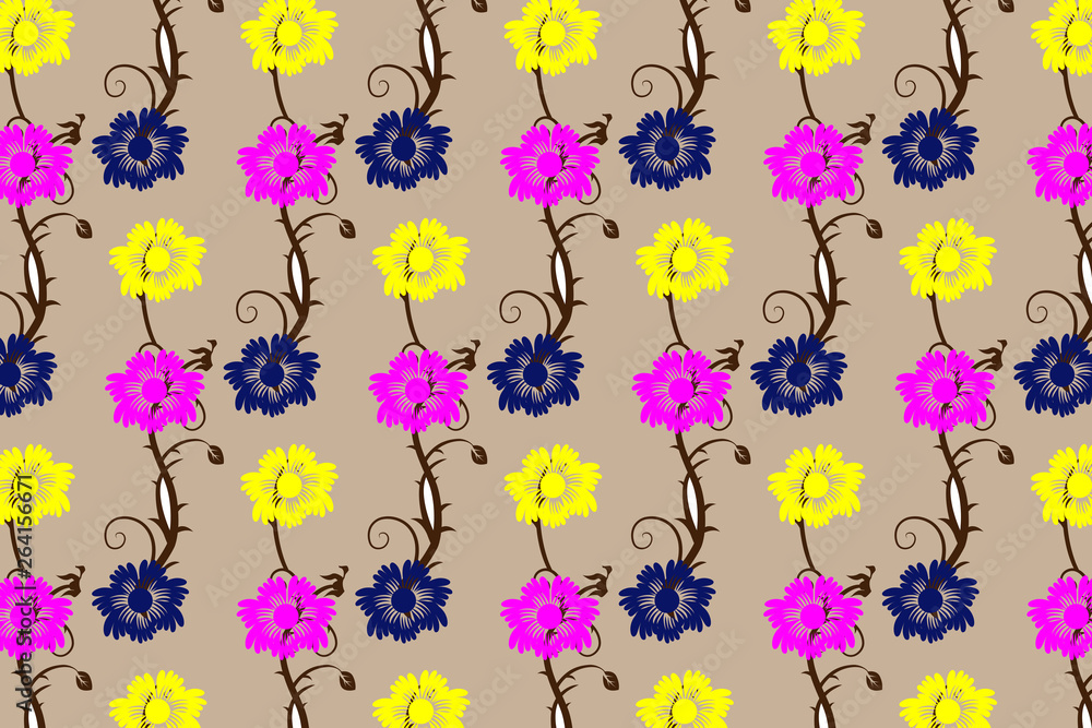 Blue, Yellow and Pink Flowers Vector Pattern