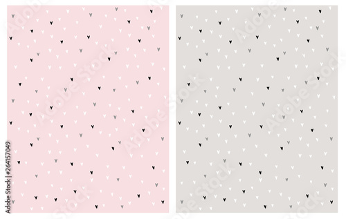 Funny Pastel Color Tiny Hearts Irregular Vector Pattern. White, Black and Gray Little Hearts Isolated on a Pink and Light Gray Background. Lovely Infantile Style Romantic Design.