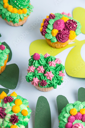 Fototapeta Naklejka Na Ścianę i Meble -  Multicolored cupcakes with decoration like indoor plants succulents