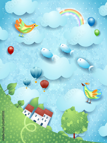 Fantasy landscape with tree, birds, balloons and flying fishes