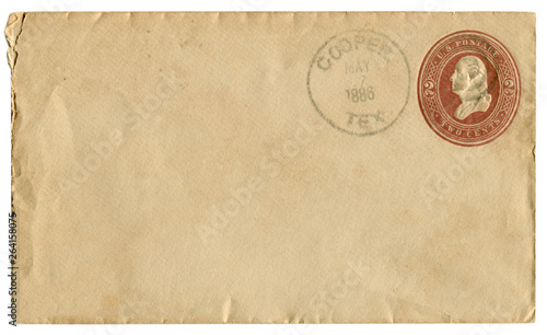 Cooper, Texas, The USA - 7 May 1886: US historical envelope: cover with brown embossed imprinted stamp, two cents George Washington profile, Fancy cancel, postal cancellation