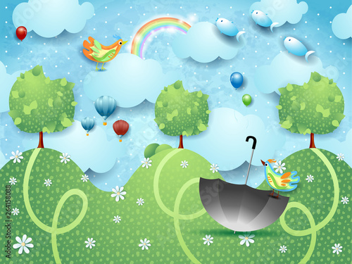 Fantasy landscape with hills, birds, balloons and flying fishes