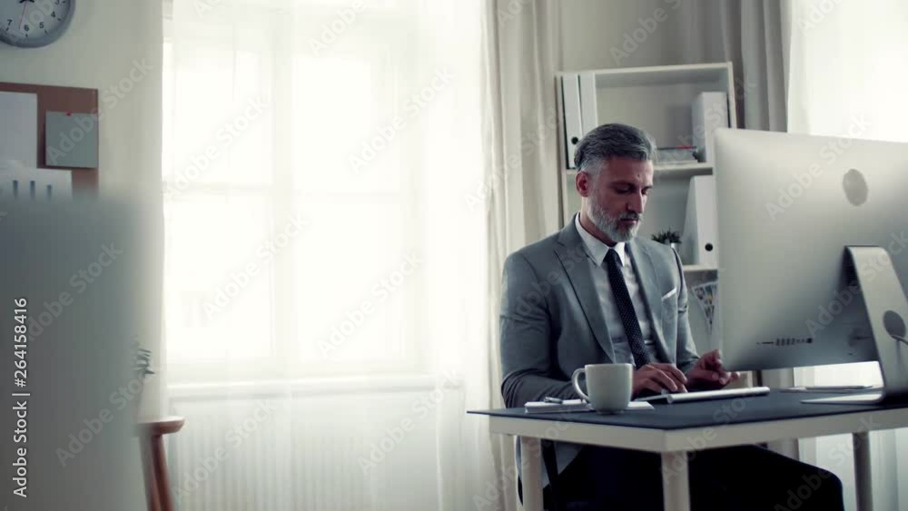 Businessman with computer sitting at the table in an office, working. Businessman with computer sitting at the table in an office, working.
