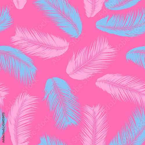 Feathers Seamless Pattern. Tropical Background. Jungle Foliage in Pastel Color Design. Abstract Exotic Wallpaper with Palm Leaves. Pink Feathers for Design, Cloth, Fabric, Textile. EPS10 Vector. © ingara