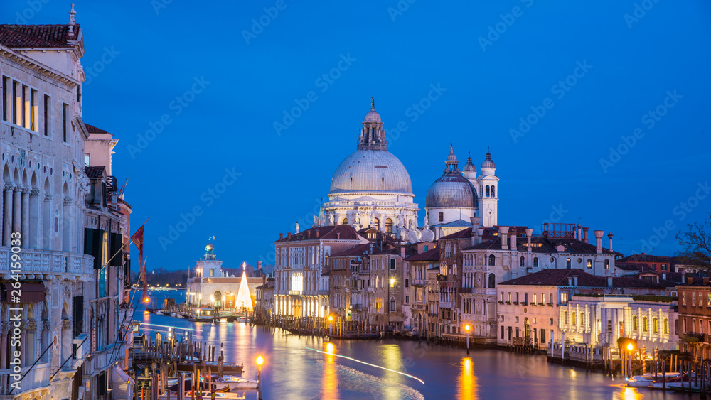 Basilica die Santa Maria della Salute at Christmas Time with Christmas Tree in the Blue Hour