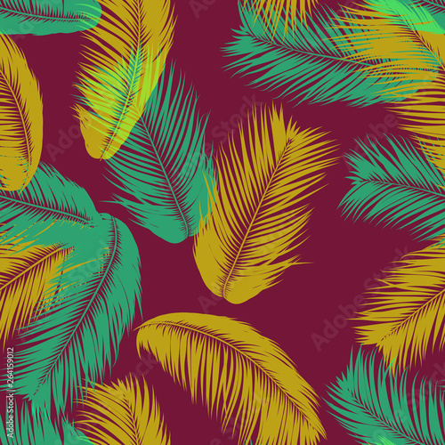 Vector Feathers. Tropical Seamless Pattern with Exotic Jungle Plants. Coconut Tree Leaf. Simple Summer Background. Illustration EPS 10. Vector Feathers Silhouettes or Hawaiian Leaves of Palm Tree.