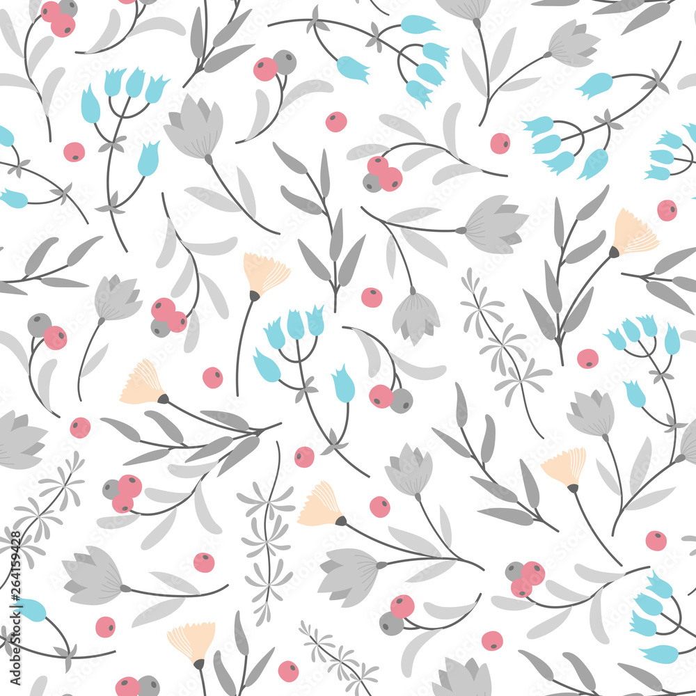 seamless pattern with small colorful flowers,gray leaves on the white background seamless pattern with small colorful flowers,gray leaves on the white background