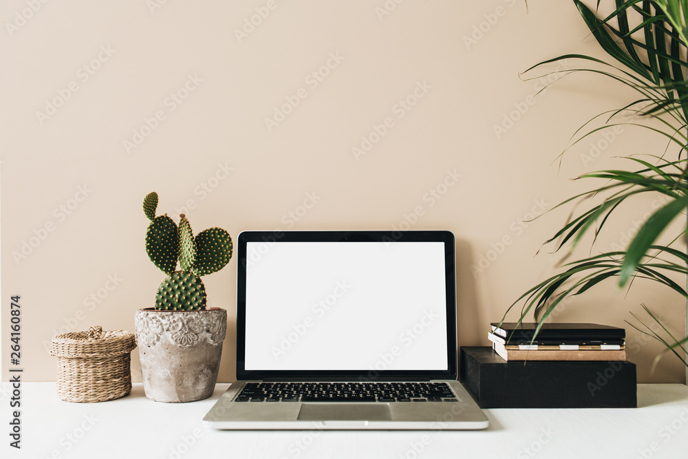 Minimalist home office desk workspace with laptop, cactus, palm on beige  background. Front view copy space blank mock up. Freelancer business  template. Stock-Foto | Adobe Stock