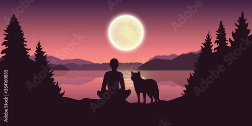 person and dog are looking at the full moon in nature by the lake vector illustration EPS10